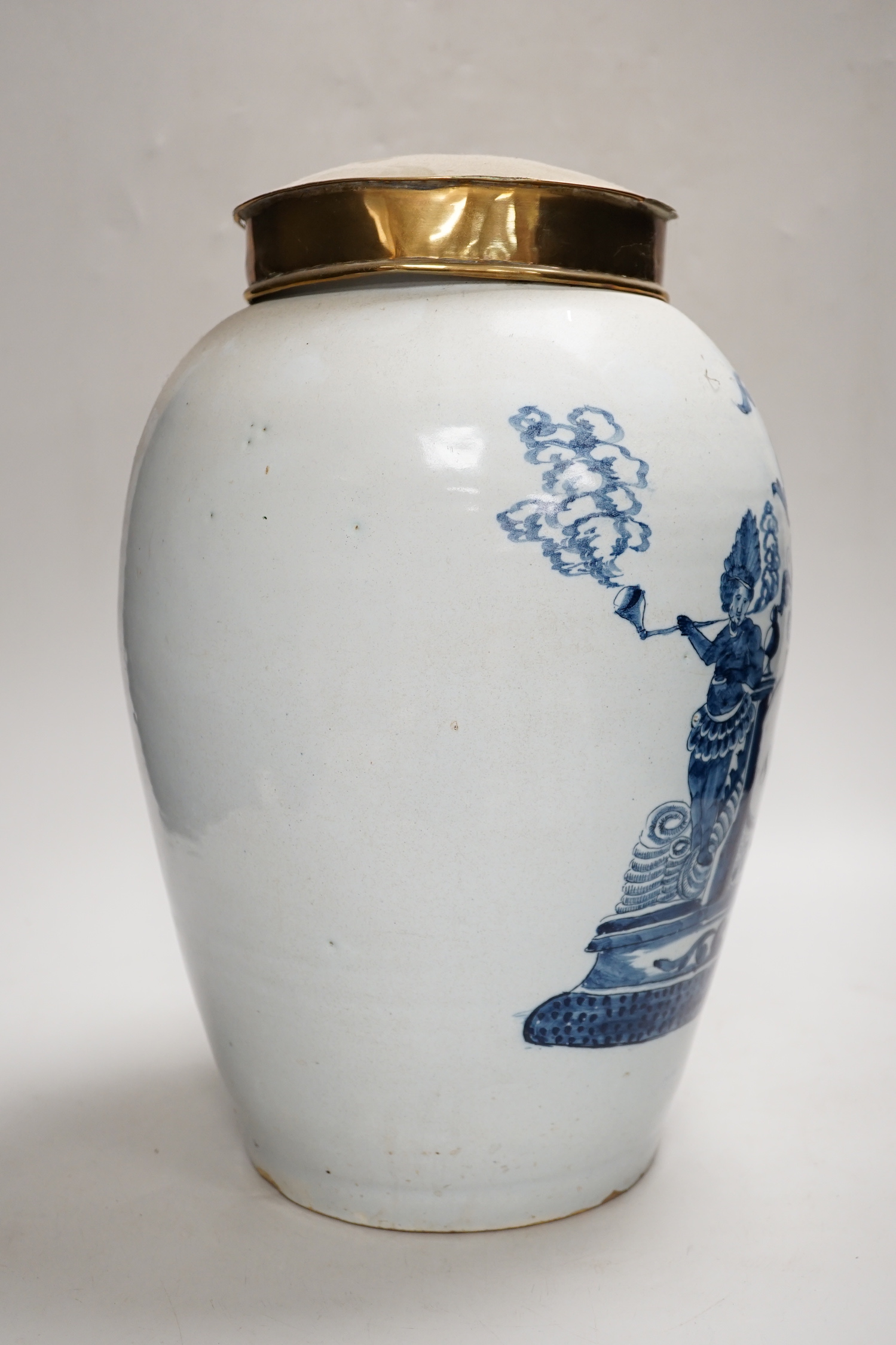 A mid 18th century Delft tobacco jar and brass cover, 36cm